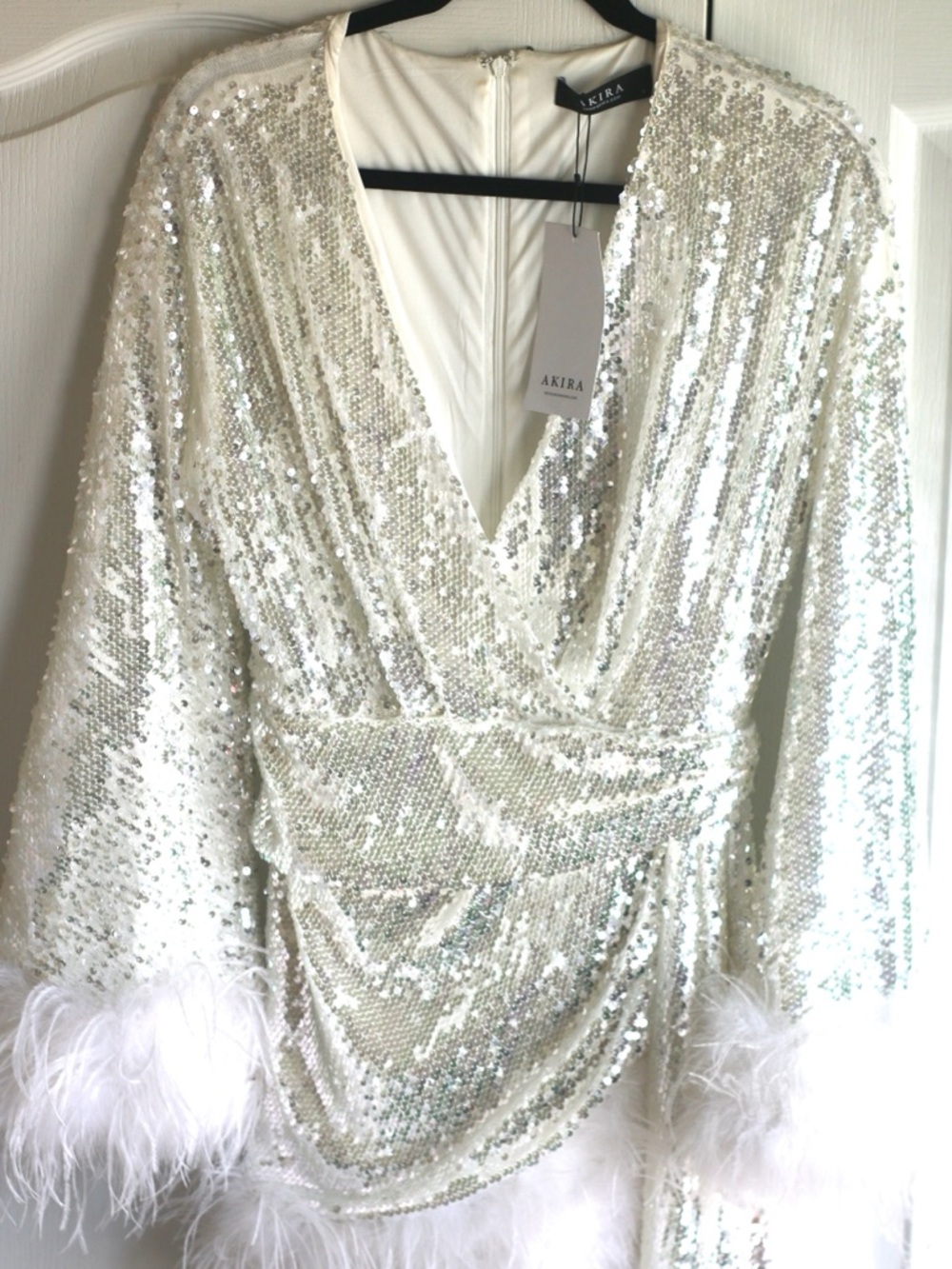 ❗️LAST CALL AKIRA Fur White Long Sleeve Silver Sequin Dress